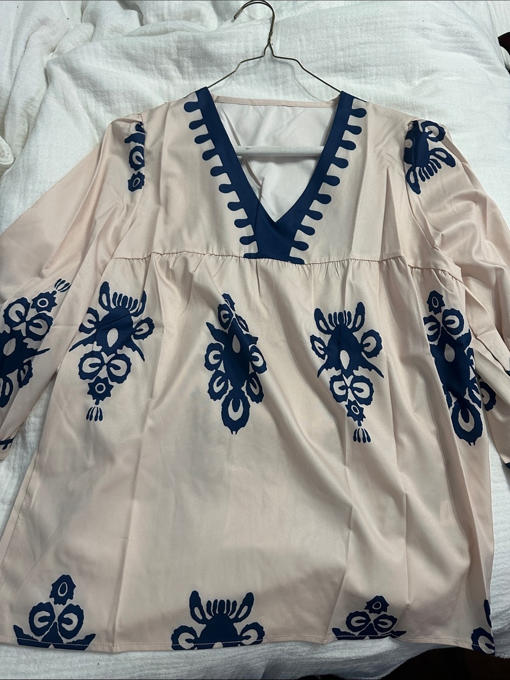 SHEIN Blush Pink Tunic Top with Navy Embroidery